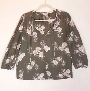 Lucky Brand Top S Green Floral Pintuck Tie Front V-Neck Relaxed Boho Peasant EUC - Picture 1 of 11