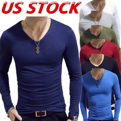 Camicia uomo scollo V top muscolare slim fit manica lunga elasticizzata maglietta sottomagliette - Immagine 1 di 3