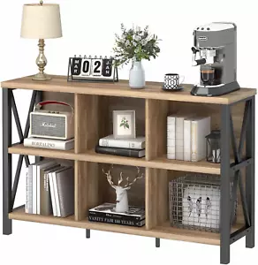 6 Cube Storage Organizer with Shelf, Long Wood and Metal Cubby Bookcase, Industr - Picture 1 of 9