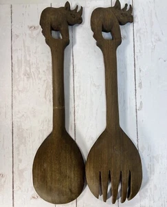 African Wooden Salad Serving Spoon And Fork Set Hand Carved Rhino Rhinoceros - Picture 1 of 7