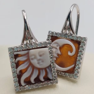 Cameo earrings, sun and moon, sterling silver, handmade, zircon - Picture 1 of 8