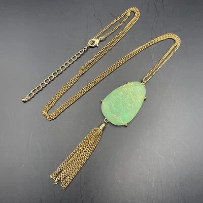 Long Boho Tassel Pendant Necklace Green Acrylic Gold Tone 34 Inch Bohemian - Image 1 of 4