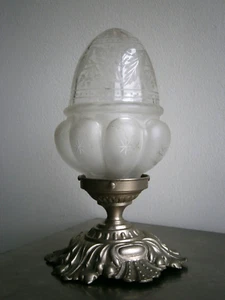 Luminaire Plafonnier 1900 Métal argenté Verre gravé décor Chêne Ancien - Bild 1 von 11