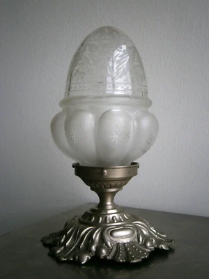 Luminaire Plafonnier 1900 Métal argenté Verre gravé décor Chêne Ancien - Photo 1/4