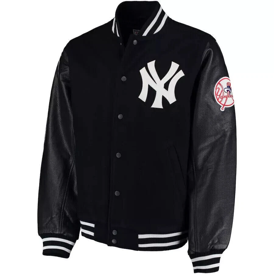 Yankees NY Jacket MLB 90s Vintage Athletic Leather Black Bomber Varsity Jacket - Image 1 of 4