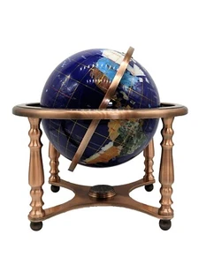 Mappamondo mondo pietre preziose 13" alto blu oceano 4 gambe rame - Foto 1 di 9