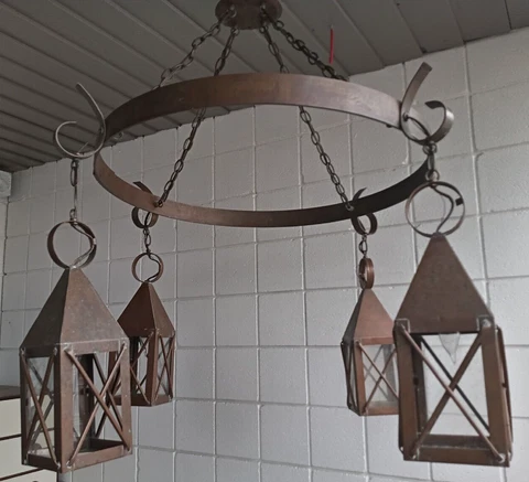 large Vtg Arts & Crafts Copper Light Fixture Tudor 42" dia 36 h wired Cover