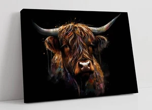 SPLASH ART STYLE HIGHLAND COW BLACK BACKGROUND CANVAS WALL ARTWORK PIC PRINT - Picture 1 of 2
