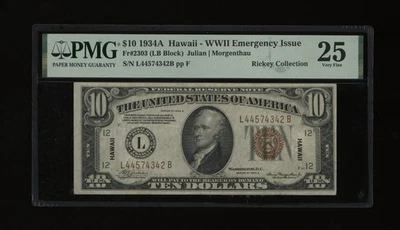 DBR 1934-A $10 FRN Hawaii LB Block Fr. 2303 PMG 25 Serial L44574342B - Image 1 of 2