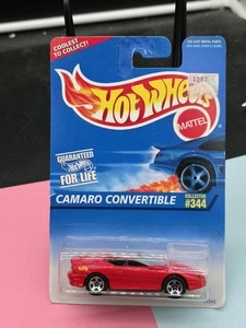 1996 Hot Wheels Blue/White Card #344 CAMARO CONVERTIBLE Red w/5 Spoke Malaysia - Picture 1 of 2
