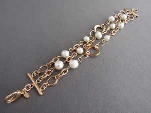 PULSERA DE COLECCIÓN HONORA BRONCE ITALIA TRIPLE CADENA PERLA ESLABÓN CIERRE PALANCA - Imagen 1 de 4