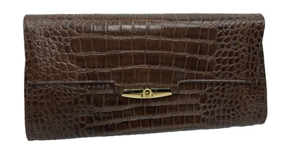 Muska Milano Brown Croc Leather Clutch Envelope Bag Purse Italy Gold Accent VTG - Image 1 of 4