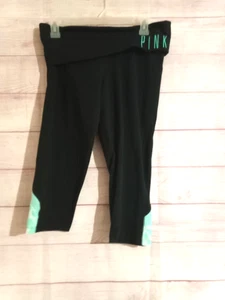 Victoria's Secret PINK Yoga Pants Medium Leggings Black Mint Green Cropped - Picture 1 of 4