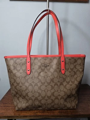 COACH Brown Signature Canvas Orange Leather Satchel Tote Shoulder Bag F58292 - Image 1 of 4