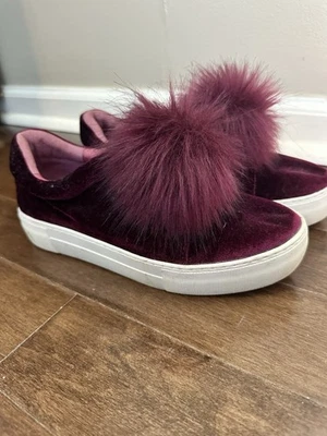 J Slides NYC Burgundy Velvet Slip On Pom Pom Platform Sneakers 8 - Image 1 of 4