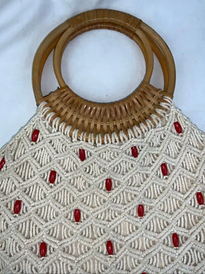 Bolso de Mano Hobo Boho con Flecos Algodón Macramé Cubierto Ratán Asas Circulares Foto 1 de 4
