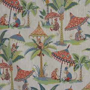 100% Linen Exotic Monkey Parasol Fabric Print Curtains Upholstery Per Metre - Picture 1 of 6