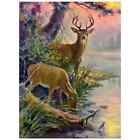 1950s Print EMBOSSED Doe and Buck Deer Drinking Mountain Forest ~7.5x10" AC9