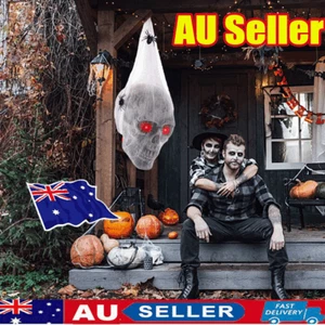 Animated Hanging Skulls Halloween Head Covered with Spider Webs With Light DX - Picture 1 of 17