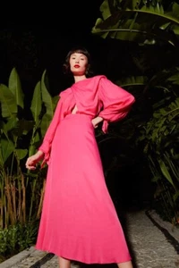 FARM RIO SHOULDERPADS SATIN LONG SLEEVE PINK MAXI DRESS SIZE XL $260 - Picture 1 of 19