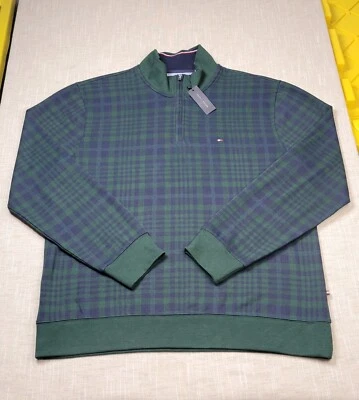 Suéter Tommy Hilfiger 1/4 Cremallera XL Para Hombre Verde Azul Tartán Cuadros Logo Bordado Foto 1 de 4