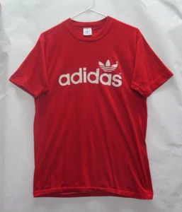 Vtg 70s 80s ADIDAS TREFOIL SPELLOUT LOGO 2 SIDED RED 50/50 USA MADE T Shirt L - Picture 1 of 9