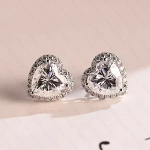 1.99TCW Heart Shape Moissanite Halo Push Back Stud Earring 14k White Gold Plated - Picture 1 of 14
