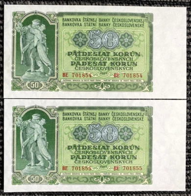 Eslovaquia 50 coronas 1953 par consecutivo billetes papel moneda mundial UNC Foto 1 de 2