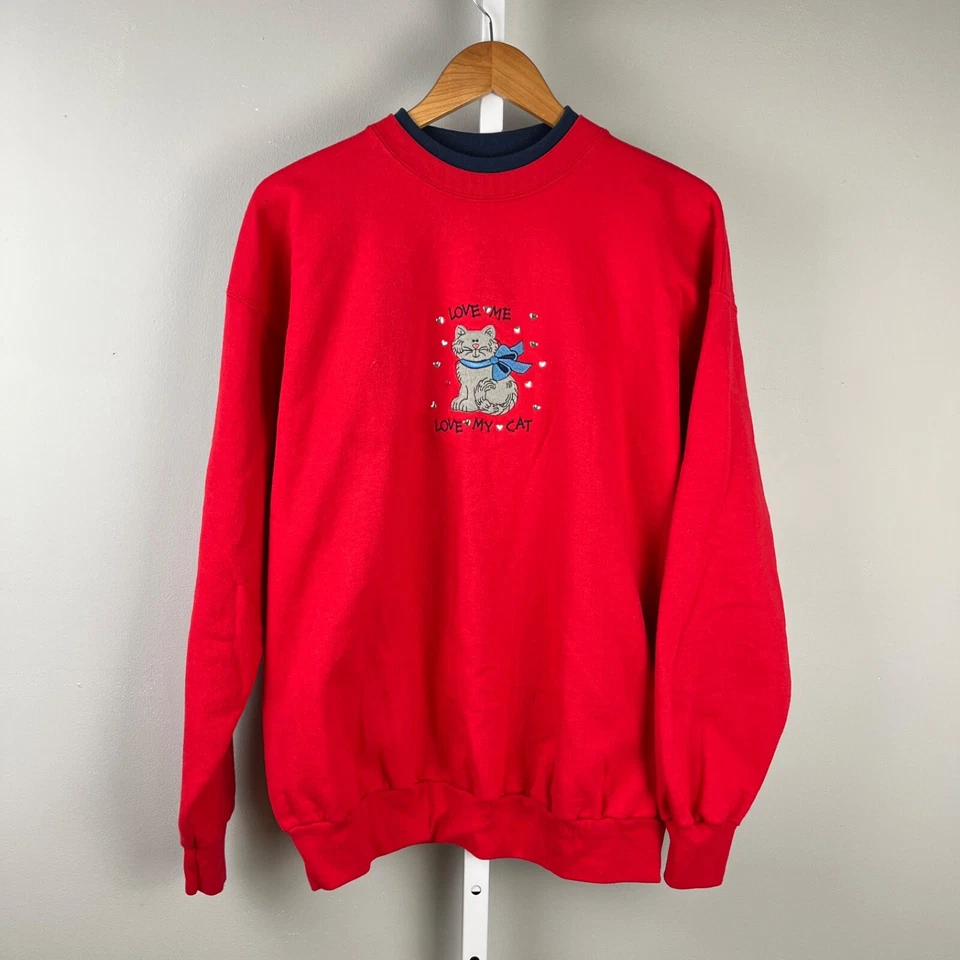 Sudadera De Colección Años 90 M&C Ropa Deportiva Cuello Redondo Mujer Grande Roja LOVE MY CAT Foto 1 de 4