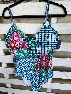 Novo traje de banho feminino Apt 9 azul rosa floral peça única GG - Imagem 1 de 4