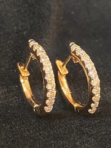 0.36 Cts Round Brilliant Cut Diamonds Petite Hoop Earrings In 750 Solid 18K Gold - Picture 1 of 12