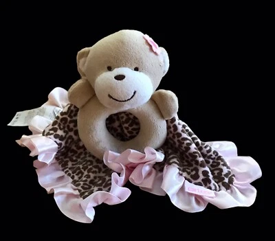 Carters Monkey Rattle Lovey 安全毯 粉色 猎豹印花 缎面装饰 2012 — 第 1/4 张图片