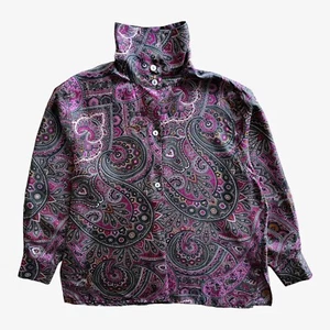 Vintage 80s Women's Bramante Paisley Print Long Sleeve Turtleneck Silk Shirt - Picture 1 of 4