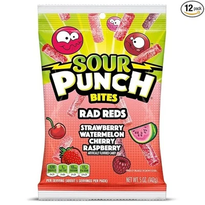 Sour Punch Bites, Rad Reds Caramelo Masticable Mezcla Frutas Bolsa 5oz (Paquete de 12) Foto 1 de 4