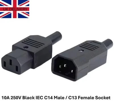 REWIREABLE IEC C13 FEMALE SOCKET / C14 MALE PLUG 250V 10A INLINE CABLE CONNECTOR - Image 1 of 4