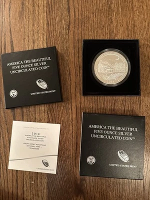 2014 America The Beautiful Great Smoky Mountains 5oz Silver Coin NIB w COA! MINT - Image 1 of 3