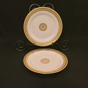 JPL Pouyat Limoges Plates 2 Salad 7.5" Green Gold Scrollwork Medaliion 1900-1920 - Picture 1 of 11