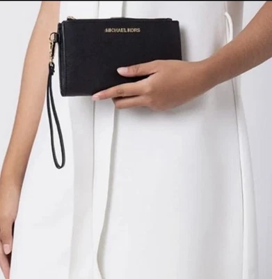 Michael Kors MK NEGRO Jet Set Viaje Doble Cremallera Teléfono Muñequera Billetera Foto 1 de 4