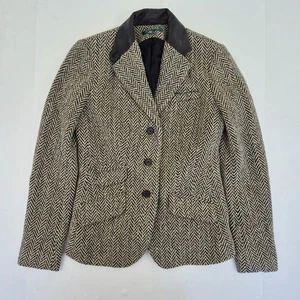 LAUREN RALPH LAUREN Blazer Jacket 0 4 Grey Womens Heringbone Wool Blend Elbow - Picture 1 of 12