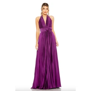 MAC DUGGAL Dress Size 16 Evening Gown Pleated NEW Purple Halter Neck Gown Bow - Picture 1 of 7