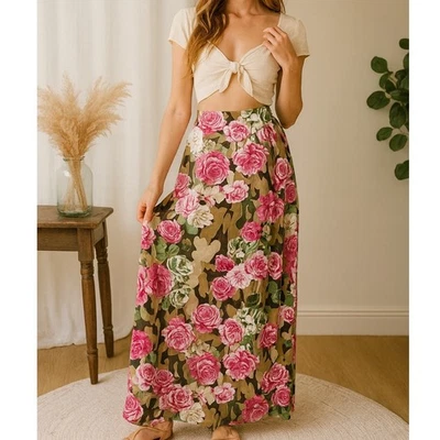 Maxi Falda Boston Propia Floral Camuflada Talla 2 Rosa Estampado Forrada Cintura Alta Foto 1 de 4