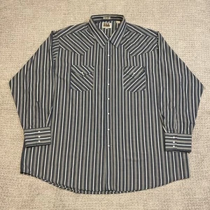 Camicia uomo vintage Ely Cattleman blu bianca righe perle snap western grande 3X - Foto 1 di 9