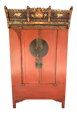 19th Century Antique Chinese Red Lacquered Ming Style Wedding Cabinet Armoire • 9590£