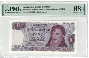 ARGENTINA "TOP POP" 10 Pesos 1973-76 PICK# 295 PMG: 68 EPQ GEMA SIN CIRCULAR #PL1878 - Imagen 1 de 2