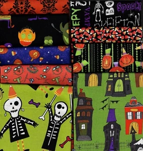 Fabric, Halloween Fat Quarter Set of 9, Skeletons, Monsters, Spooky Things - Picture 1 of 1