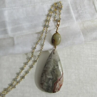 Labradorit Kette Mexico Crazy Lace Achat Anhänger 585 14K Gold GF Design-UNIKAT  - Bild 1 von 4