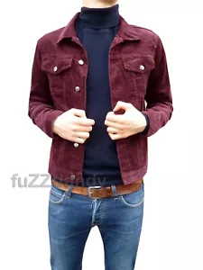 Para Hombres NUEVO Abrigo Chaqueta Retro Borgoña Rojo Pana Denim Corto Indie Mod De Colección Cordón - Imagen 1 de 4
