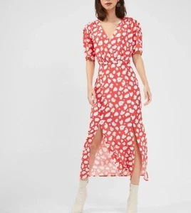 Abito midi nuovo con etichette French Connection Aimee Verona drappeggio rosso avvolgente taglia US 6 - Foto 1 di 14