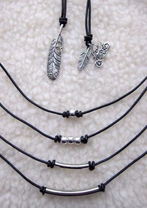 Men's Cross \Guitar \ Feather Pendants on Genuine Leather Cord Surfer Necklace. - Picture 1 of 28