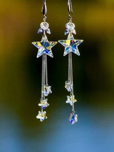 925 Silver Plated Zircon Star Earrings Ear Stud Drop Dangle Jewelry Simulated - Picture 1 of 6